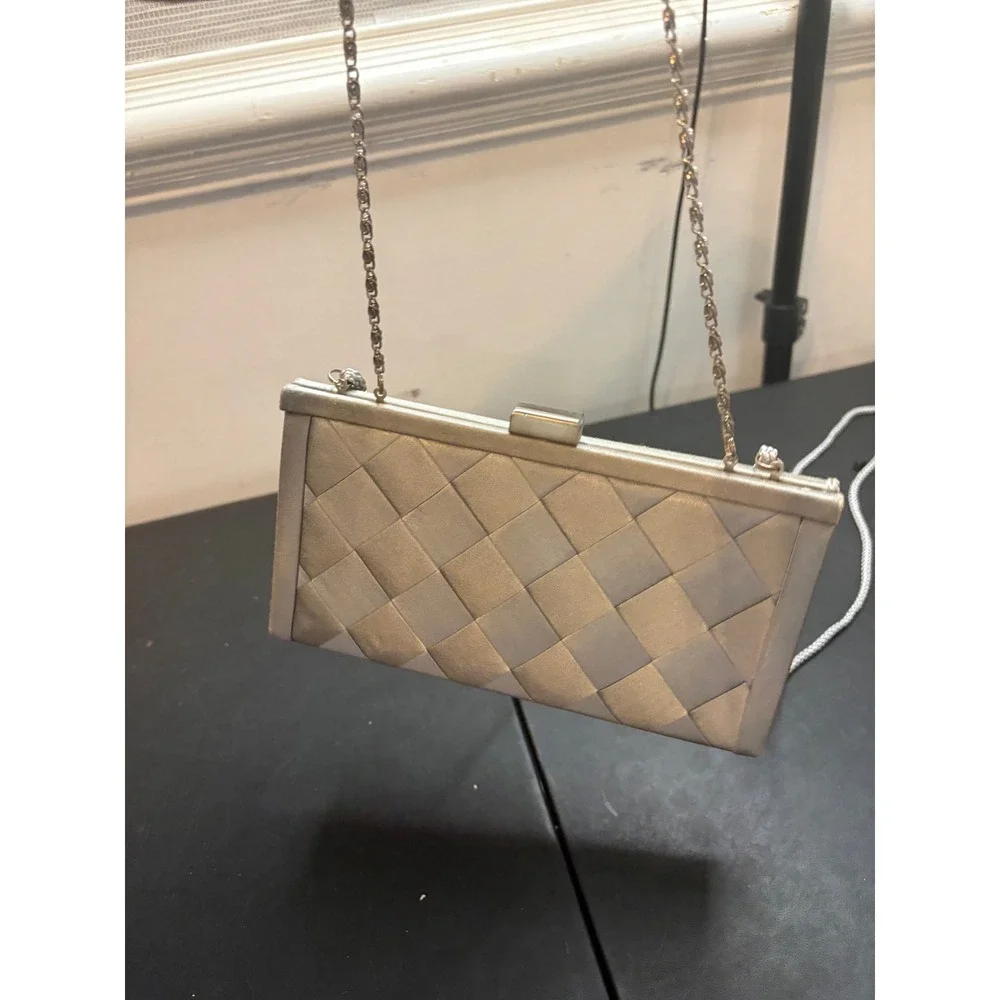 Kate Landry Silver Woven Satin Evening Clutch Bag Chain Strap Formal Wedding